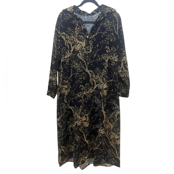 Botanical tree print shirt dress split lapel maxi lagenlook large dark romantic - Picture 2 of 11